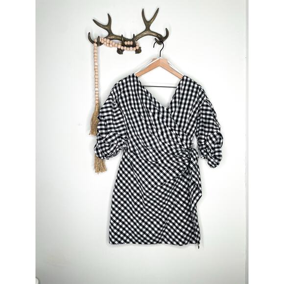 Gianni Bini Gingham Dress Medium Tie Side Wrap Mini Balloon Sleeve - Picture 2 of 9
